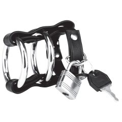 Blue Line Double Metal Cock Ring With Locking Ball Strap Black